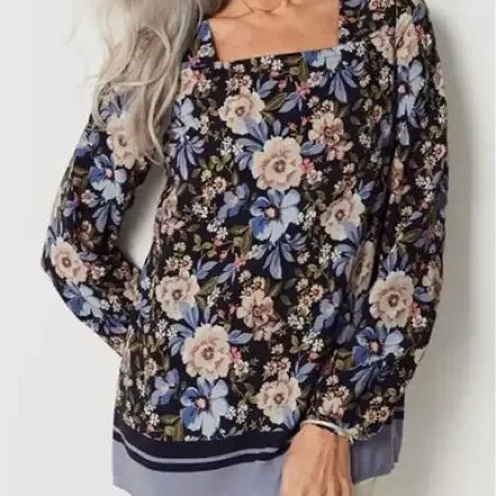J. Jill Navy Cream Floral Square Neck Blouse – Size M 🌿✨